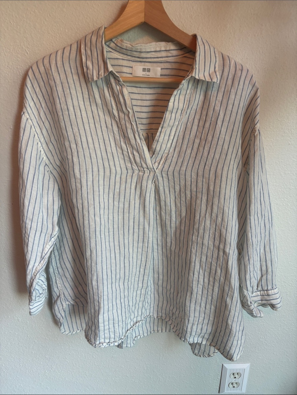 UNIQLO Premium Linen Skipper Collar 3/4 Sleeve Linen Striped Shirt Large